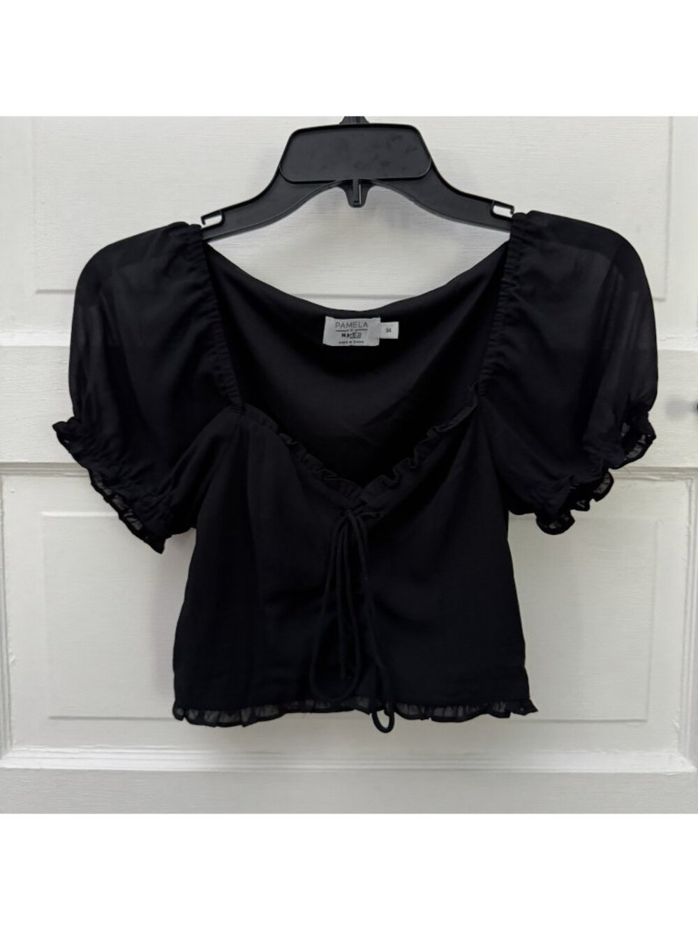 Pamela x NA-KD Reborn Black Sheer Puff Sleeve Lace-Up Crop Top EU 34 US 4